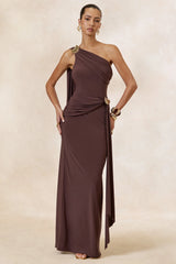 Sariah | Dark Brown Asymmetric-Neck Maxi Dress With Gathered Detailing