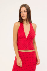 Luck & Trouble Lorelai Polka Halter Top Red Print
