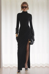 Betsy | Black High-Neck Maxi Dress With Front Split And Ruched Detailing