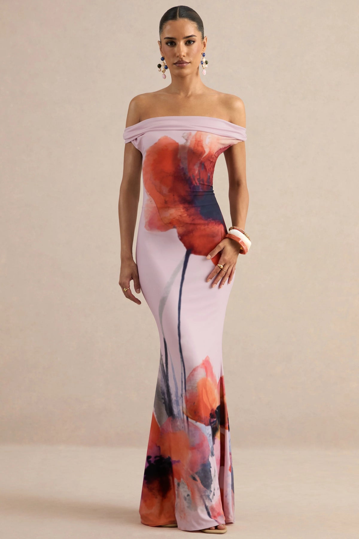 Katia | Pink Poppy Print Bardot-Neck Maxi Dress