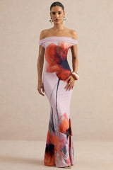 Katia | Pink Poppy Print Bardot-Neck Maxi Dress