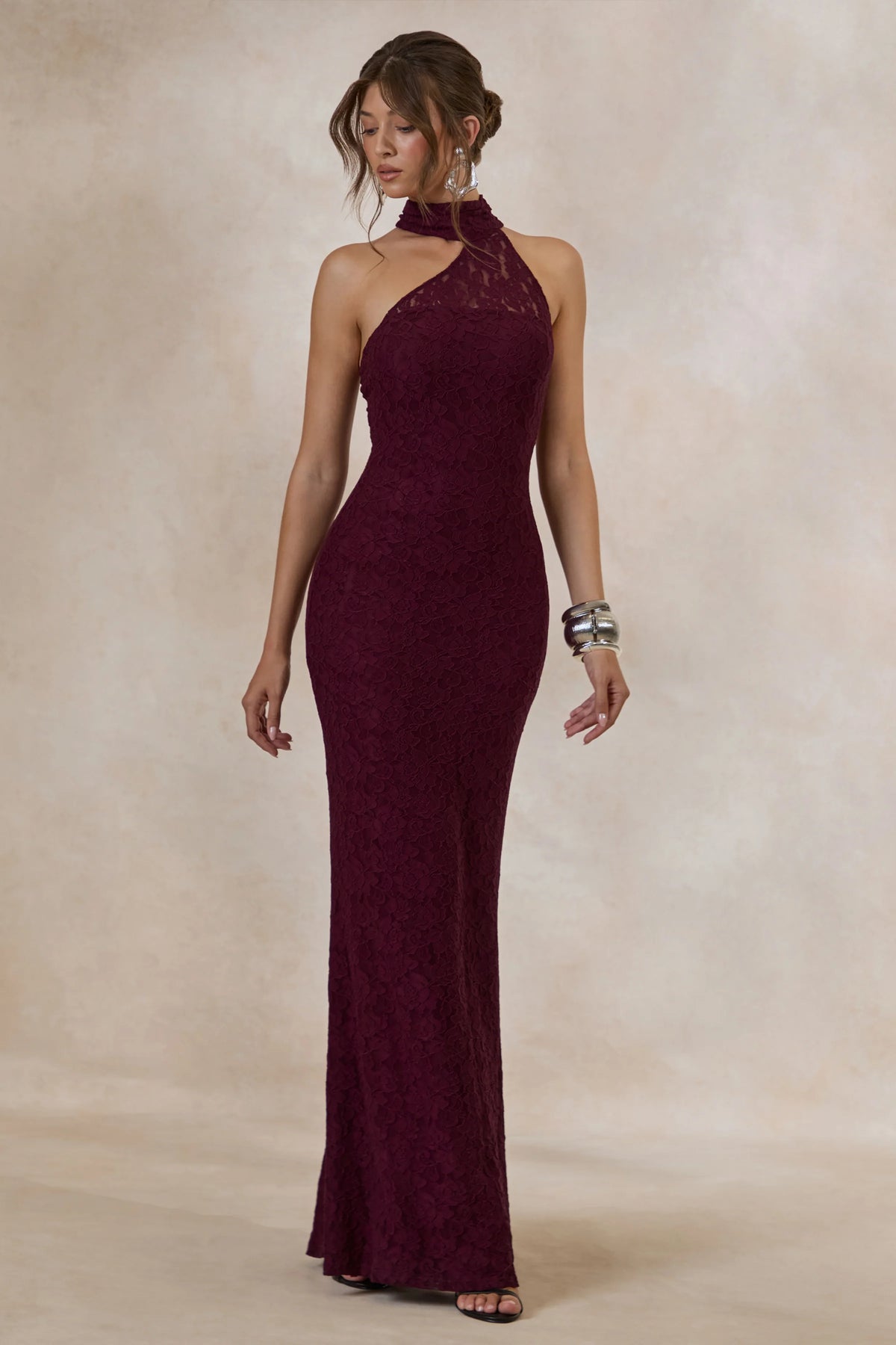 Almaria | Burgundy Lace Asymmetric-Neck Maxi Dress With Collar-Detail