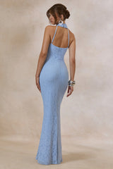 Almaria | Powder Blue Lace Asymmetric-Neck Maxi Dress With Collar-Detail