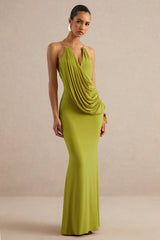 Dinara | Olive Halter-Neck Maxi Dress With Draped Detailing And Gold Detail