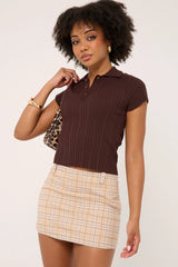 Luck & Trouble Knitted Polo Button Up Top Brown