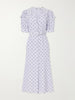Belted polka-dot lace-trimmed silk midi dress