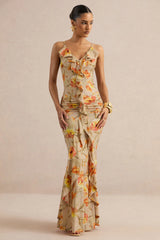 Amali | Orange Floral V-Neck Maxi Dress With Ruffled Detailing