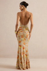 Amali | Orange Floral V-Neck Maxi Dress With Ruffled Detailing