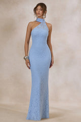 Almaria | Powder Blue Lace Asymmetric-Neck Maxi Dress With Collar-Detail