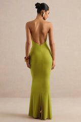 Dinara | Olive Halter-Neck Maxi Dress With Draped Detailing And Gold Detail