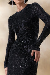 Stellar | Black Embellished Lace High-Neck Maxi Dress With Long Sleeves