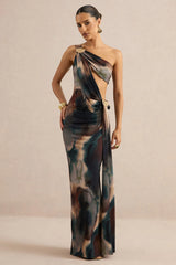 Maelys | Black And Blue Smoke Print Asymmetric-Neck Maxi Dress With Body Cut-Outs And Gold Detailing