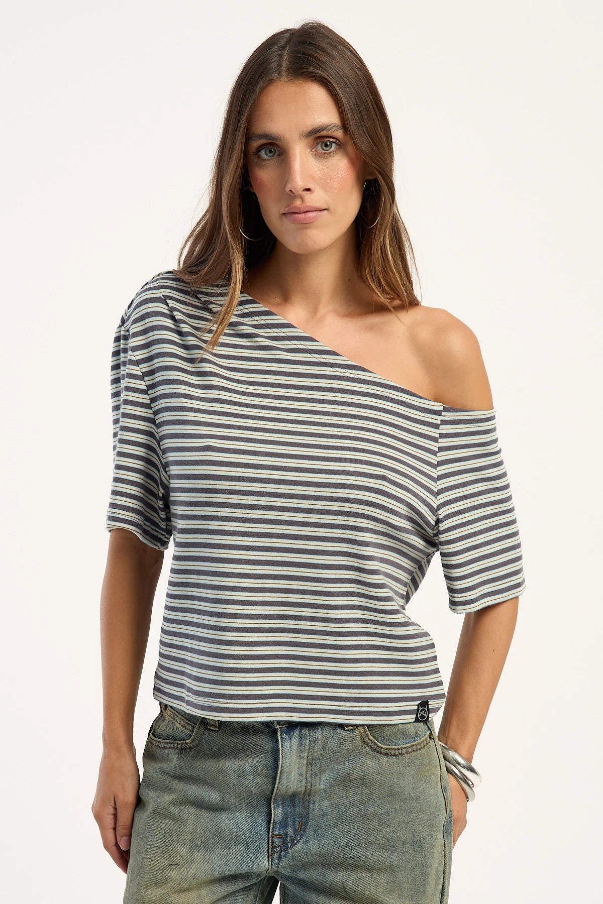Rusty Sally Slouch Stripe Off Shoulder Top Grey/Egret Stripe