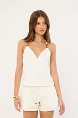 Perfect Stranger Juni Linen Halter Bead Top White