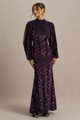 Janet | Black And Purple Devore High-Neck Maxi Dress With Cut-Out Details