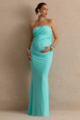 Casilda | Turquoise Bandeau-Neck Maternity Maxi Dress With Draped Detailing
