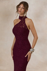 Almaria | Burgundy Lace Asymmetric-Neck Maxi Dress With Collar-Detail