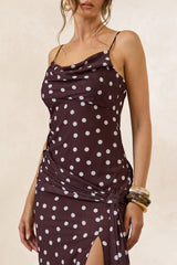 Virtue | Brown & White Sheer Polka Dot Cowl-Neck Fishtail Maxi Dress With Split
