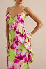 Marcelina | Lime And Pink Floral Print Satin V-Neck Maxi Dress