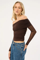 Luck & Trouble Elyse Off Shoulder Long Sleeve Top Brown