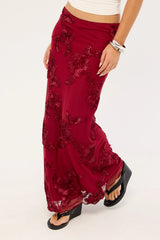 Luck & Trouble Nia Applique Mid Rise Maxi Skirt Burgundy