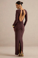Lucina | Dark Brown V-Neck Maxi Dress With Ruched Detailing