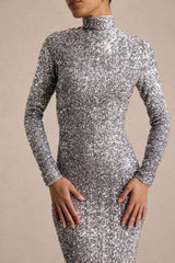Galaxy | Silver Sequin Turtle-Neck Long-Sleeve Maxi Dress
