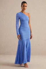 Orabella | Blue Asymmetric-Neck Maxi Dress With Sheer Skirt
