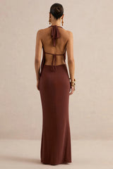 Velia | Brown Sheer Extreme Plunge-Neck Maxi Dress With Front High Split