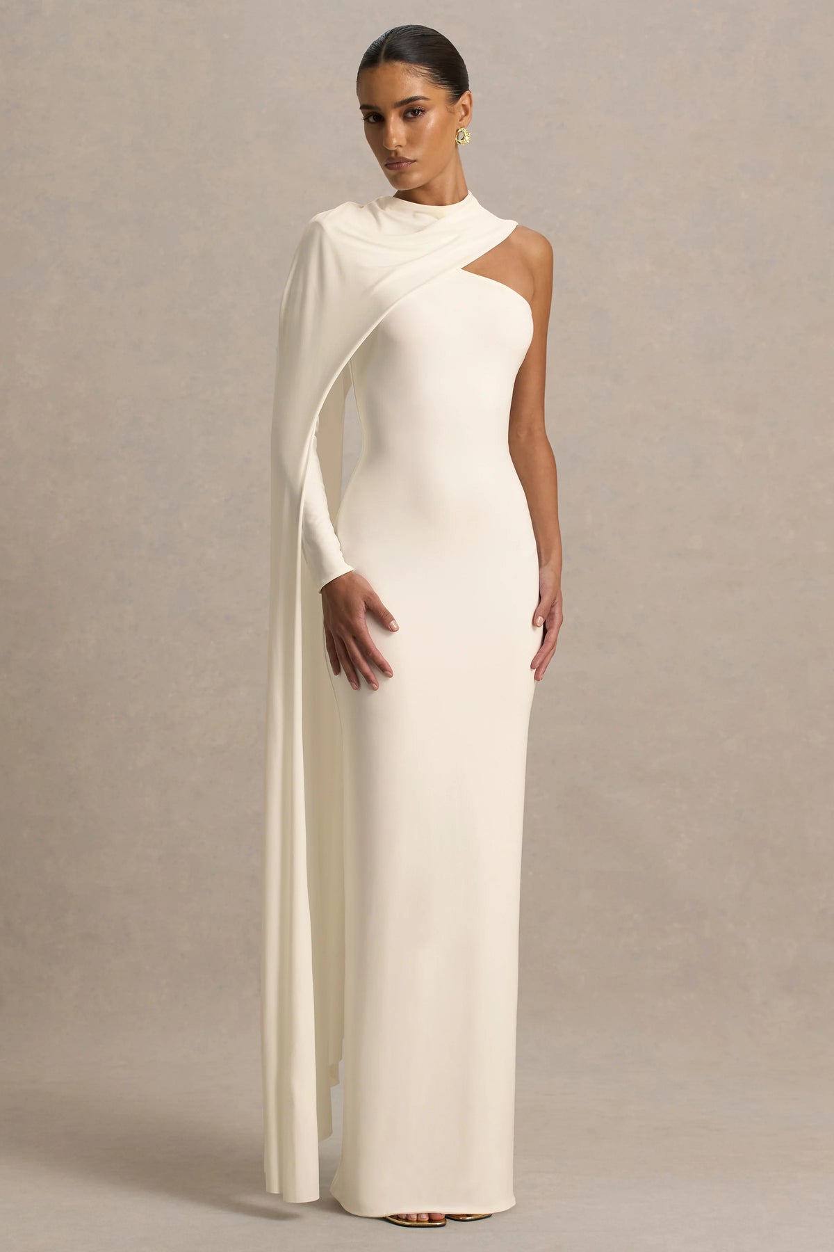 Dawn | Cream High-Neck Maxi Dress With One Long Cape-Sleeve