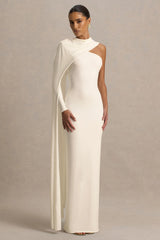 Dawn | Cream High-Neck Maxi Dress With One Long Cape-Sleeve