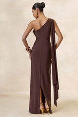 Sariah | Dark Brown Asymmetric-Neck Maxi Dress With Gathered Detailing