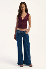 Luck & Trouble Vivi Ruched  V Neck Top Plum