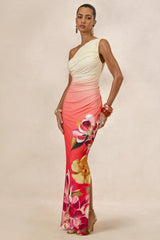 Hazel | Orange And Pink Floral Print Asymmetric-Neck Maxi Dress