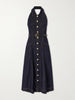 Belted halterneck denim midi dress