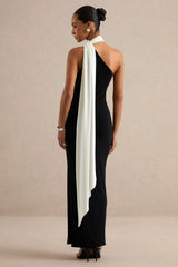 Lirienne | Black & White Asymmetric-Neck Maxi Dress With Scarf Detail