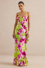 Marcelina | Lime And Pink Floral Print Satin V-Neck Maxi Dress