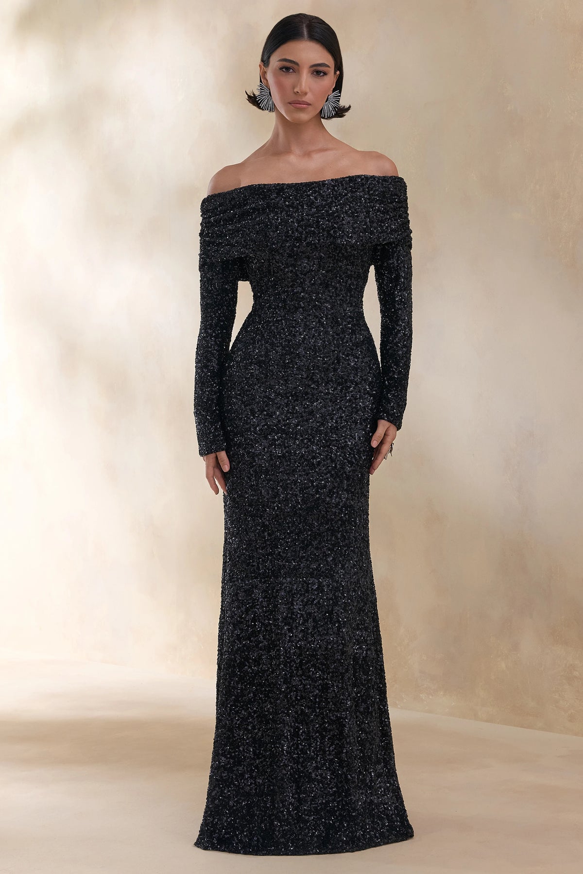 Obsession | Black Sequin Bardot-Neck Maxi Dress With Long Sleeves