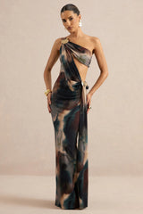 Maelys | Black And Blue Smoke Print Asymmetric-Neck Maxi Dress With Body Cut-Outs And Gold Detailing