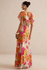 Naelle | Orange Floral Print Chiffon Plunge-Neck Maxi Dress With Ruffled Detailing
