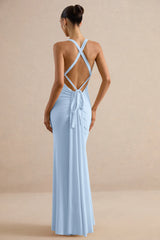 Goldiea | Light Blue Halter-Neck Fishtail Maxi Dress