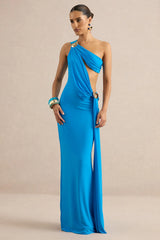 Maelys | Blue Asymmetric-Neck Maxi Dress With Body Cut-Outs And Gold Detailing