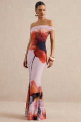 Katia | Pink Poppy Print Bardot-Neck Maxi Dress