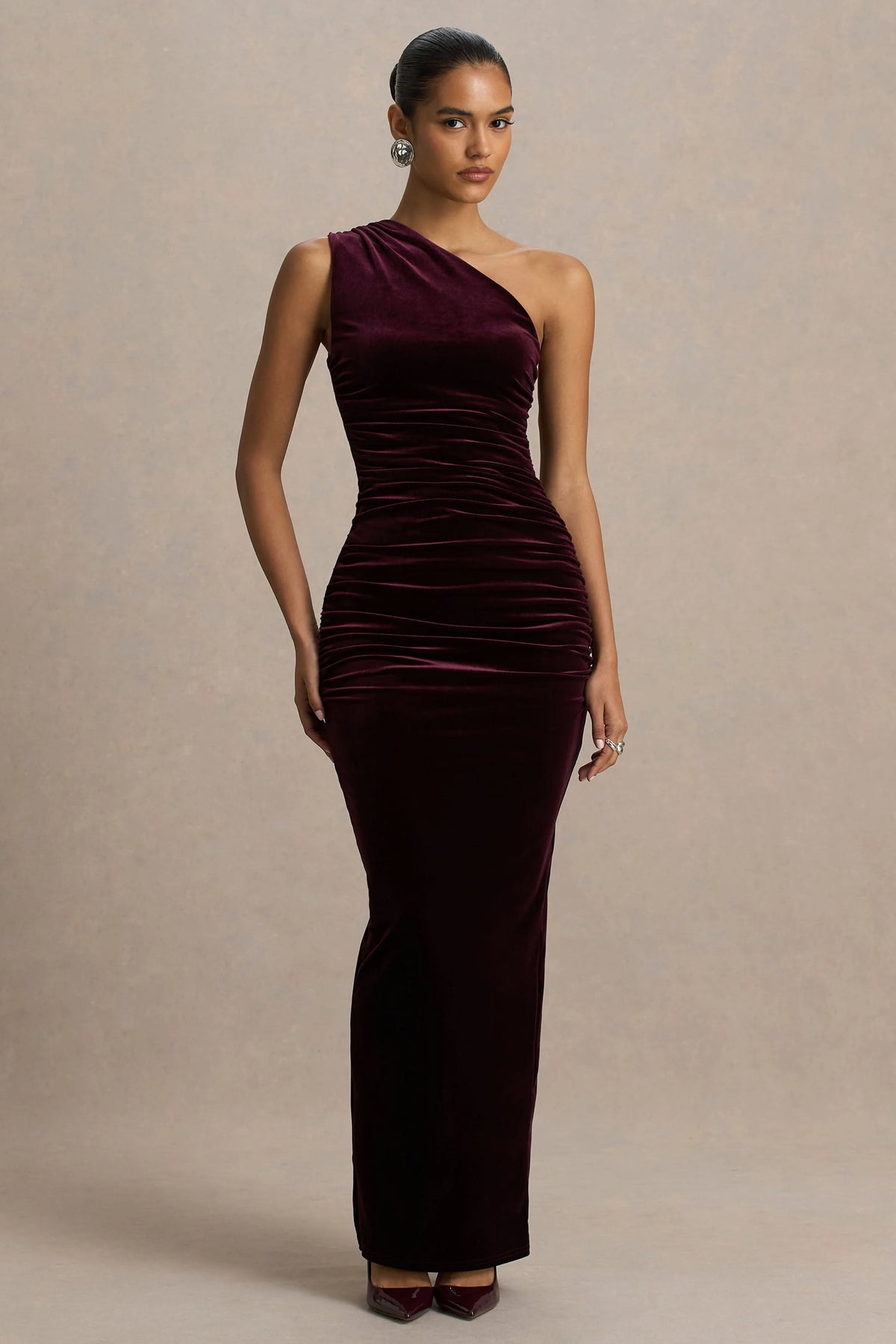 Treat | Burgundy Velvet Asymmetric-Neck Maxi Dress With Ruched Detailing.