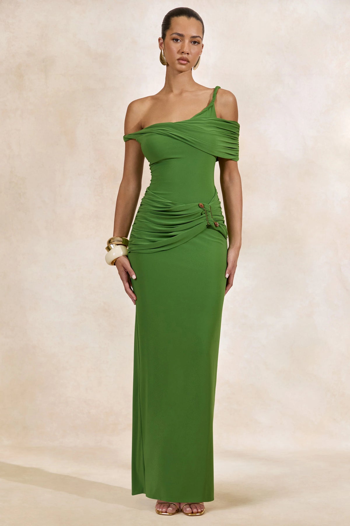 Camri | Green Bardot-Neck Maxi Dress With Twist Strap