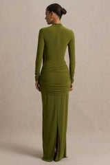 Melissa | Olive Long-Sleeve Wrap Maxi Dress With Draped Detailing