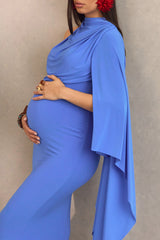 Azria | Blue High-Neck Maternity Maxi Dress With Cape Sleeve