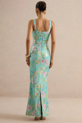Danette | Mint Floral Print Sequin Square-Neck Maxi Dress