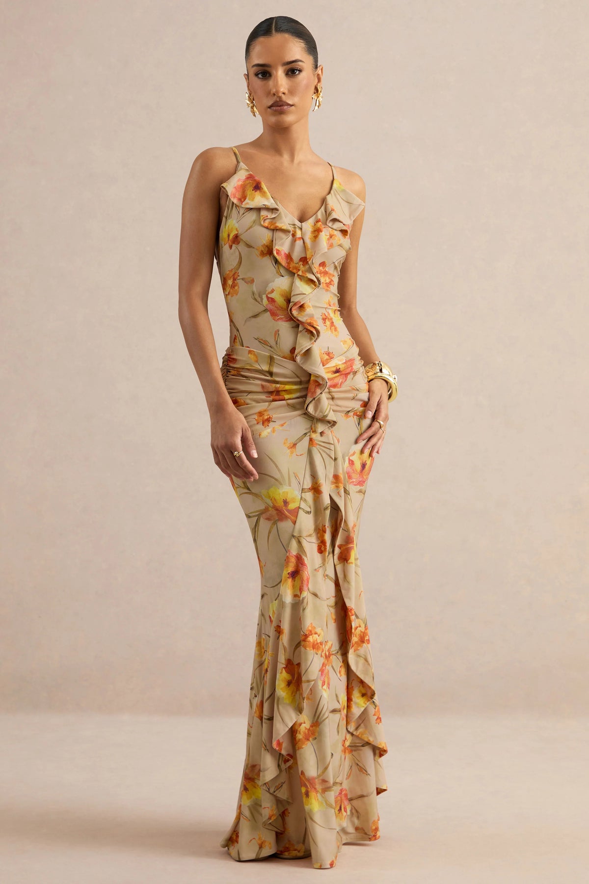 Amali | Orange Floral V-Neck Maxi Dress With Ruffled Detailing