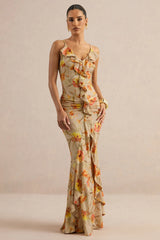 Amali | Orange Floral V-Neck Maxi Dress With Ruffled Detailing